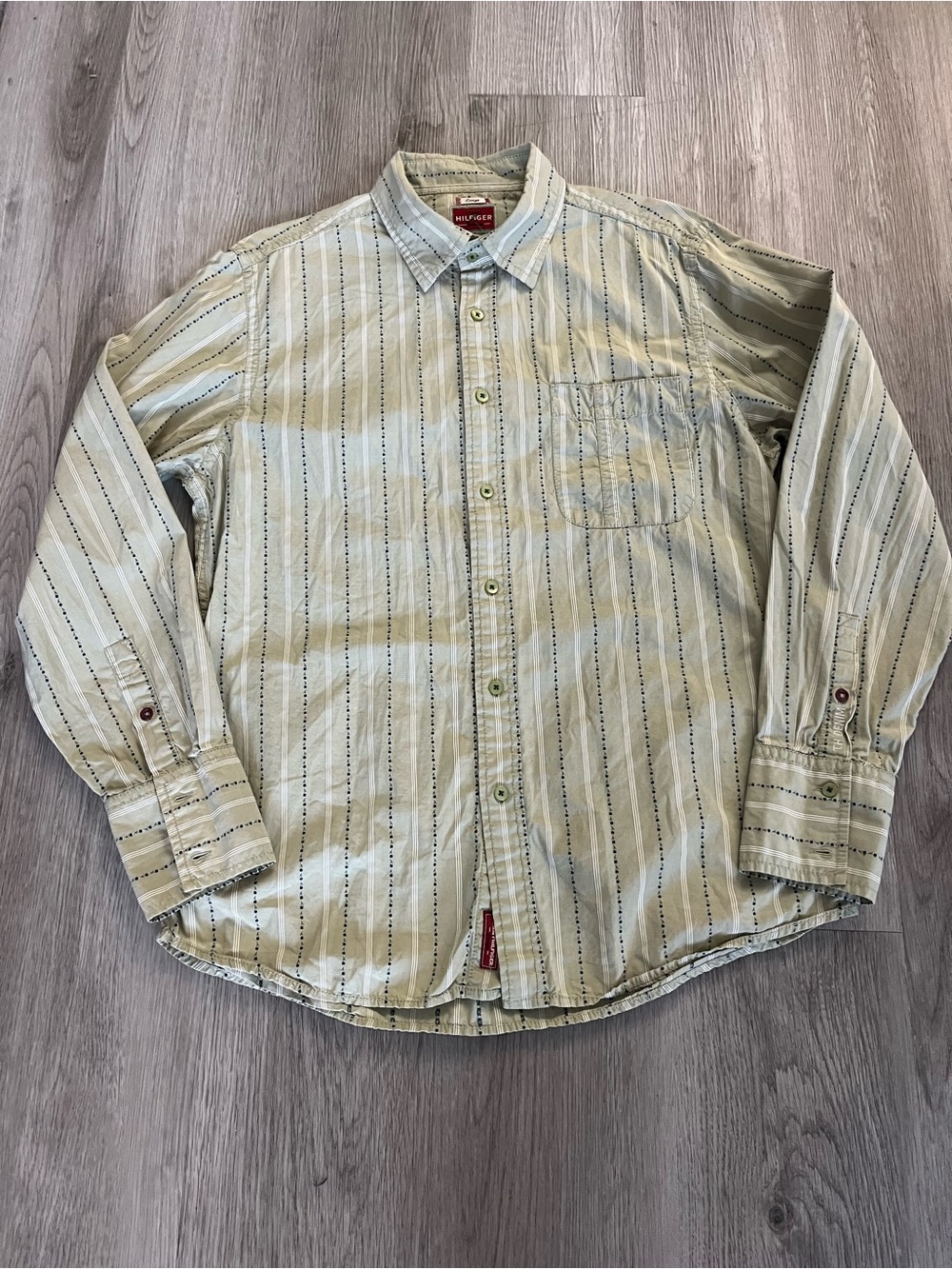 264–Tommy Hilfiger Men's Light Green Stripe Button-Down Shirt